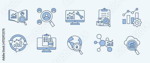 Business analytics thin icon set containing learning analytics, recruitment analysis, predictive maintenance, quality control, operational efficiency
