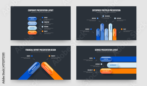 Project Performance 4 5 2 3 Element Infographic Presentation Design Set. Digital Solution Four Five Two Three Option Diagram Slide Layout Vector Illustration Bundle.