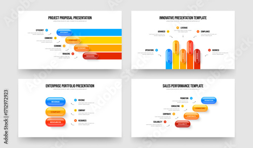 Digital Insight Four Five Three Step Infographic Slide Design Vector Illustration Bundle. Project Plan 4 5 3 Option Diagram Frame Template Collection.