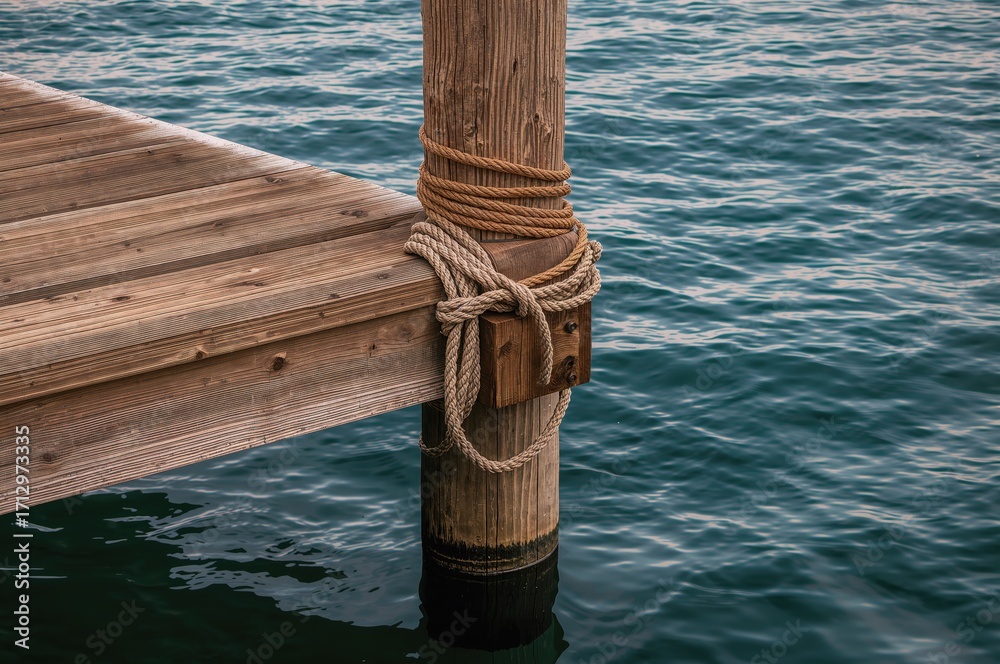 Fototapeta premium A boat dock corner with ropes coiled around posts by the lake.