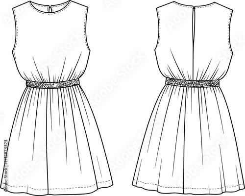 Technical fashion vector illustration of sleeveless summer dress with braided belt, round neckline, flared skirt, front and back views
