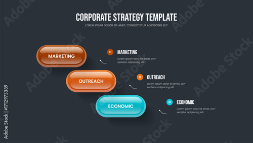 Modern Innovation 3 Step Infographic Slideshow Template. Business Briefing Three Element Diagram Frame Layout. Sales Development Presentation Design Vector Illustration.