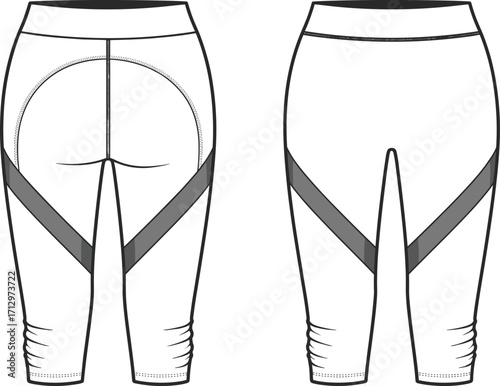 Vector technical flat sketch of athletic leggings with color block panels, ruched hem detail, fashion design apparel illustration template