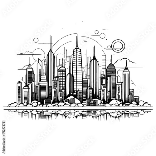Dynamic modern cityscape silhouette with abstract geometric elements and reflective water, evoking urban ambition and future possibilities for business and design projects