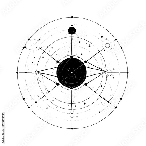 Abstract geometric celestial mandala with stars and cosmic elements, representing mystery, spirituality, and scientific exploration in a modern, digital art style, perfect for visionary projects.