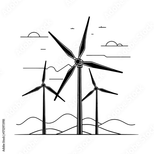 Dynamic wind turbines generate clean energy against a stylized landscape, symbolizing renewable power and environmental sustainability