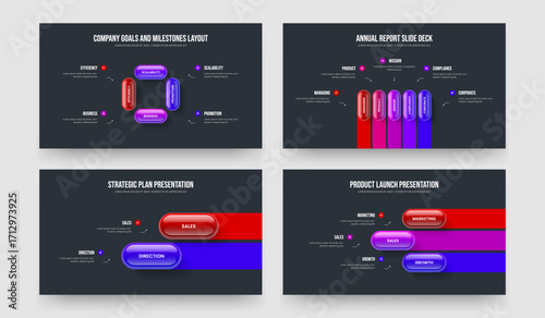 Company Innovation Four Five Two Three Step Infographic Slide Layout Vector Illustration Bundle. Service Forecast 4 5 2 3 Element Diagram Presentation Design Collection.