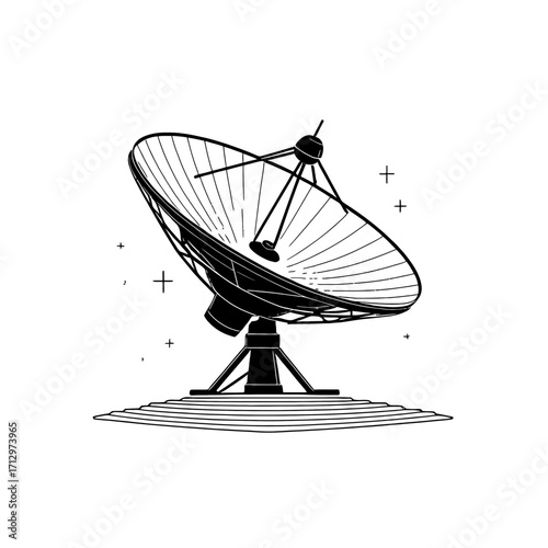 Dynamic satellite dish captures signals, symbolizing communication, exploration, and technological advancement with a modern, sleek aesthetic for science and broadcasting themes