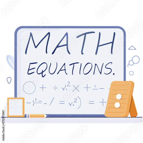 Math equations written on a chalkboard with stationary items nearby  