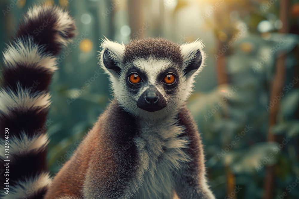 Obraz premium The ring-tailed lemur (Lemur catta) is a sizable strepsirrhine primate famed for its distinctive black and white striped tail.