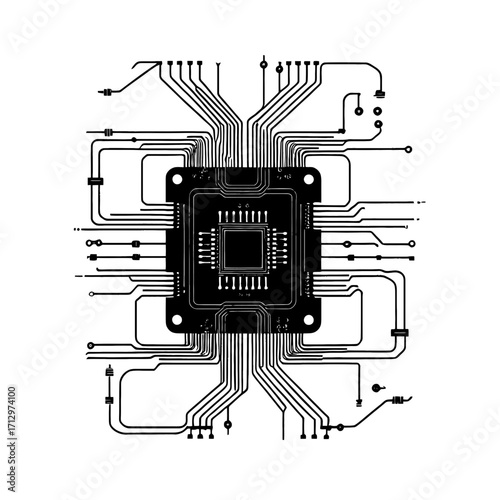 Intricate black circuit board schematic design with detailed connections and central processor, symbolizing innovation and advanced technology for digital projects.