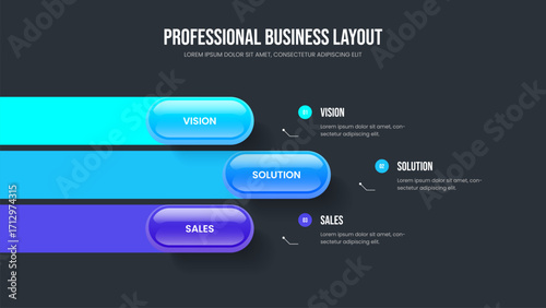 Sales Development Three Step Diagram Frame Layout. Business Portfolio 3 Option Infographic Slide Template. Market Innovation Slideshow Design Vector Illustration.