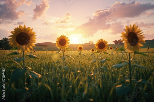 Golden sunflowers glowing i...
