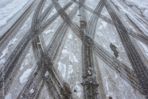 Tracks left by tires on a t...