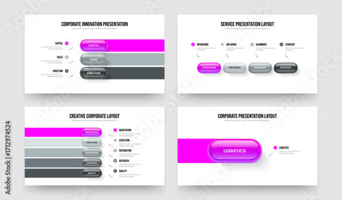 Company Plan 3 4 5 1 Step Infographic Presentation Template Set. Enterprise Visualization Three Four Five One Element Diagram Slideshow Layout Vector Illustration Collection.