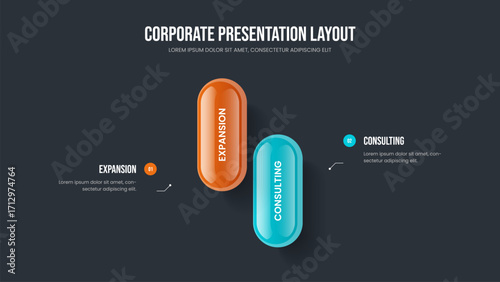 Advertising Strategy Two Element Infographic Frame Template. Consulting Growth Slide Design Vector Illustration. Corporate Development 2 Option Diagram Slideshow Layout.