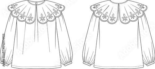 Vector technical flat sketch of long-sleeved blouse with scalloped embroidered yoke, floral detailing, gathered cuffs, loose fit, front and back views