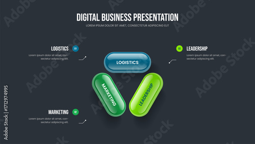 Company Portfolio Three Step Diagram Slideshow Template. Product Growth Slide Layout Vector Illustration. Visual Insight 3 Element Infographic Presentation Design.
