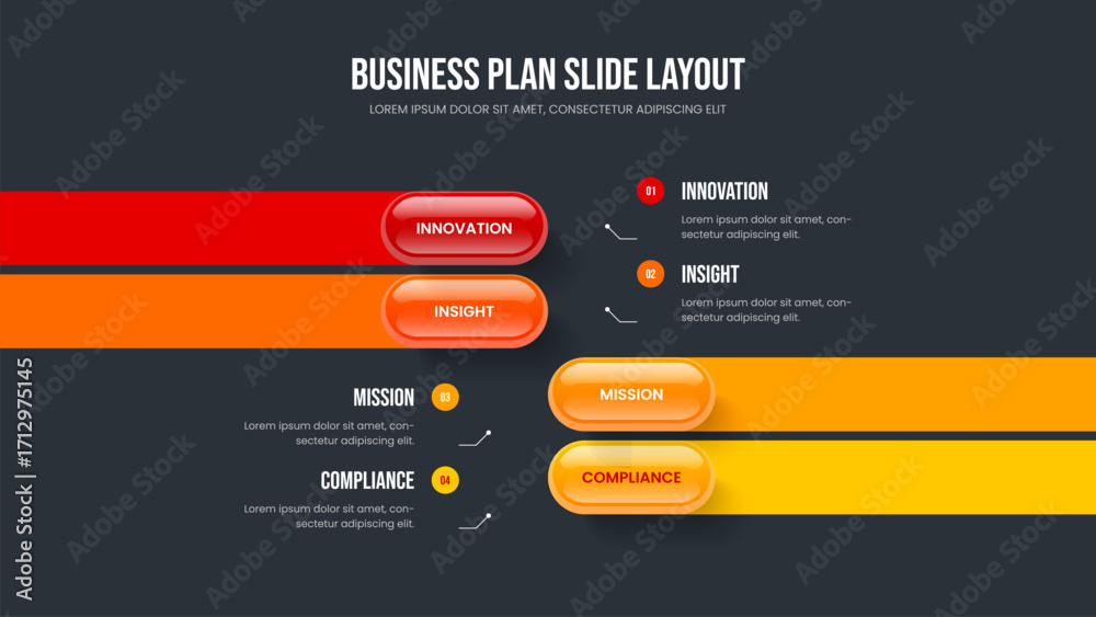 Fototapeta premium Advertising Planning Frame Template Vector Illustration. Sales Review Four Option Infographic Presentation Layout. Product Growth 4 Element Diagram Slide Design.