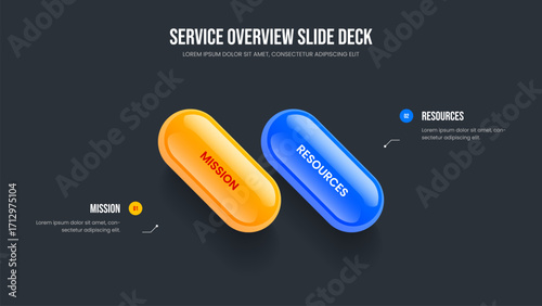 Project Solution Slideshow Design Vector Illustration. Marketing Innovation 2 Element Diagram Slide Template. Creative Planning Two Step Infographic Presentation Layout.
