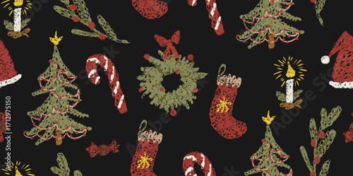 Chalk Kids Seamless Pattern. Christmas Tree, Cake, Candle, Wreath, Candy Cane, Santa Sock. Winter holiday crayon hand drawn mistletoe, holly berry texture background. Doodle sketch vector illustration
