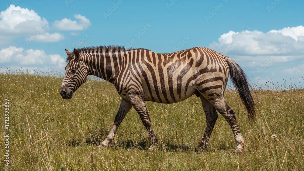 Obraz premium Hybrid equine resembling a zebra standing in a meadow