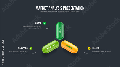 Creative Campaign Three Step Infographic Presentation Design. Professional Plan 3 Element Diagram Slide Layout. Marketing Proposal Slideshow Template Vector Illustration.