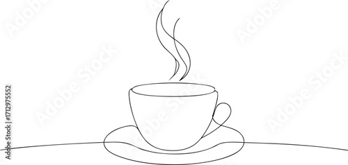 Single line drawing a steaming coffee cup saucer continous line art drink