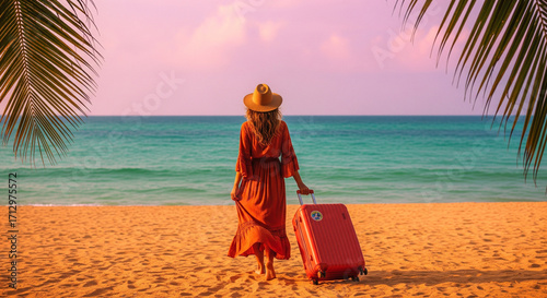 Boho Travel Lifestyle Scene on Tropical Shoreline for resort catalogs, airline safety magazines, social media ads, global brand marketing, travel websites, editorial spreads,travel agency marketing