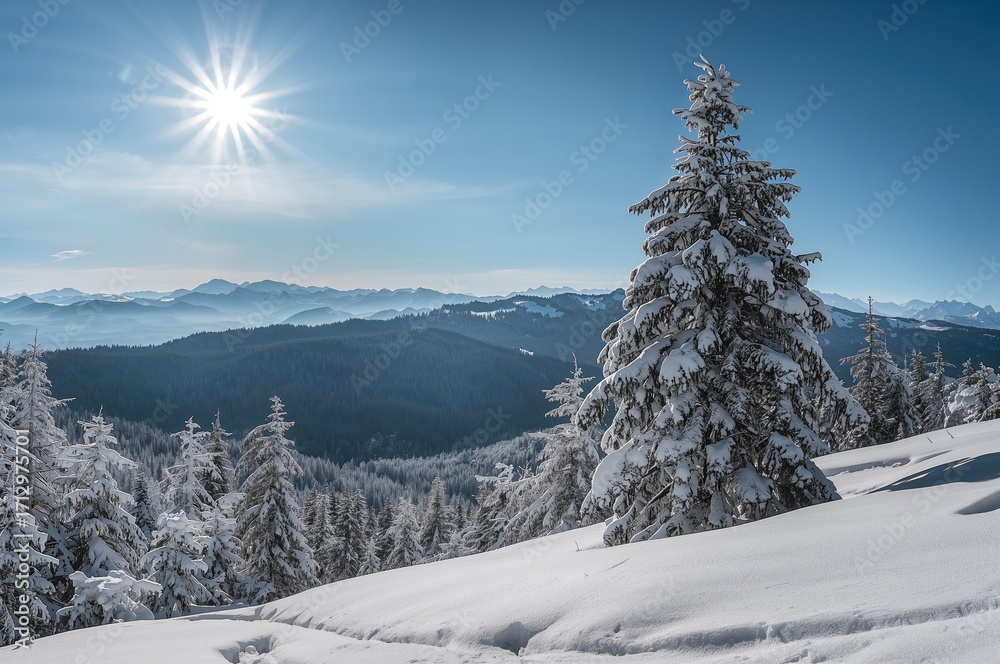 Fototapeta premium Bright winter day in snowy mountain scenery with trees and clear sky