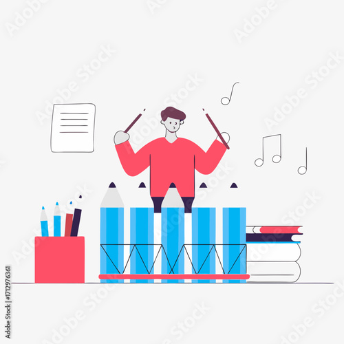 Young man drumming with pencils on desk surrounded by stationery  