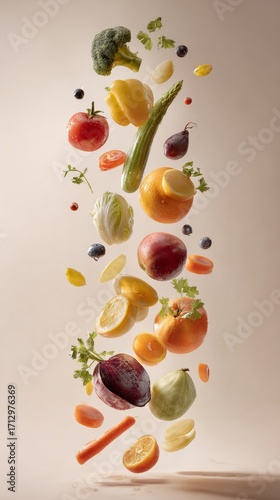Healthy fresh produce with water droplets falls through the air on a plain background in a studio photography style