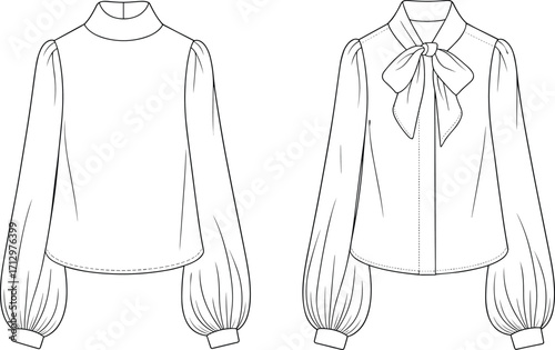 Technical fashion illustration of women’s blouses with puff sleeves, high neckline, bow tie detail, button front, garment flat vector design