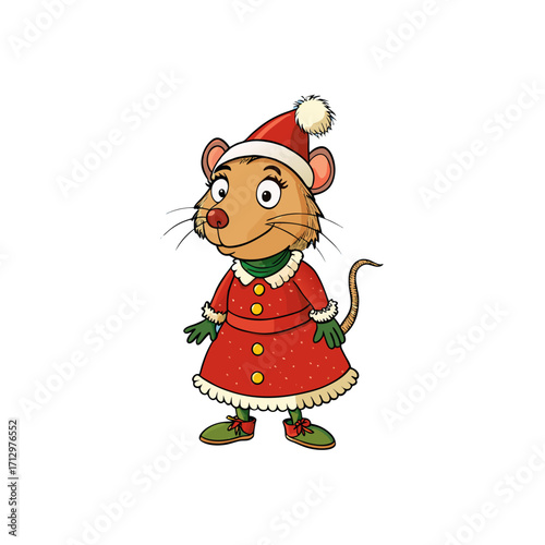 funny vole wearing christmas dress and hat 