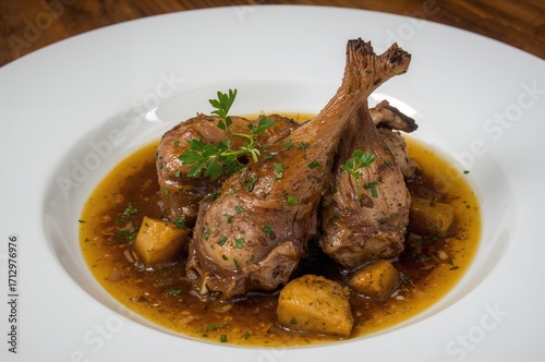 Braised rabbit legs served ...
