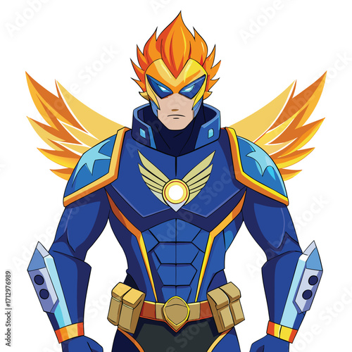 Superhero Character Design Fiery Wings Powerful Pose Blue Suit superhero