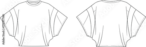 Technical fashion flat sketch of loose fit batwing sleeve t shirt top front and back view vector illustration design