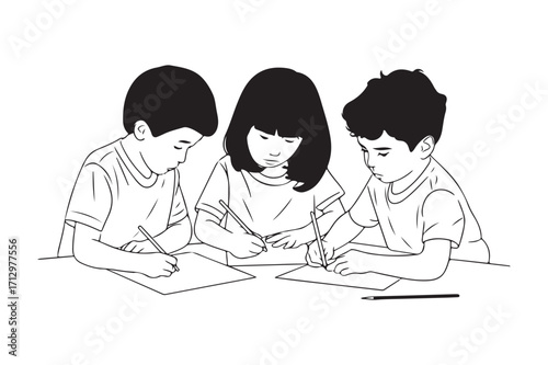Three children focused on their drawing and writing at a table