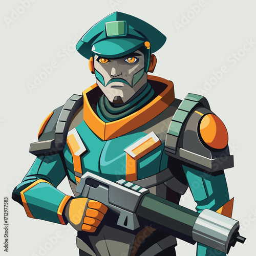 Futuristic soldier character design teal orange armor weapon futuristic soldier