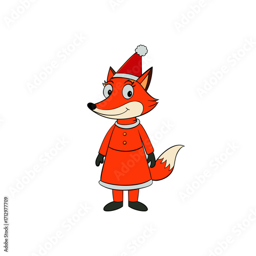 funny red fox wearing christmas dress and hat 