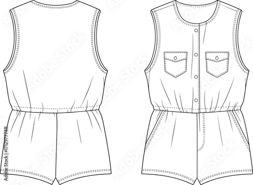 Technical fashion flat sketch vector illustration of sleeveless women’s romper with button front closure, chest pockets, elastic waist, shorts design