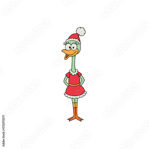 funny ostrich wearing christmas dress and hat 
