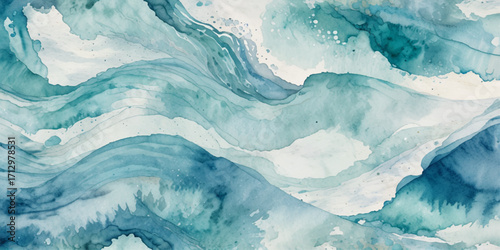 Vector ocean watercolor soft blue and white wavey curve line background. Blue water ocean sea wave seamless background.	