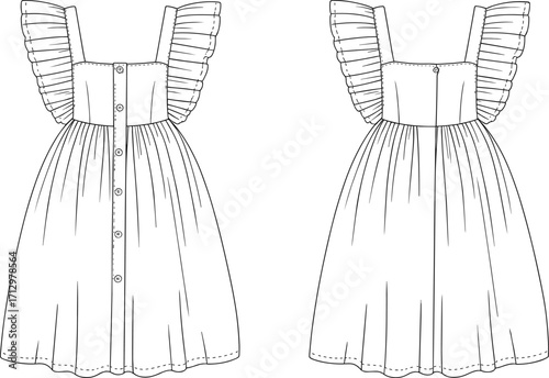 Technical fashion illustration of ruffled strap dress with square neckline, button front skirt, garment flat sketch vector design for apparel