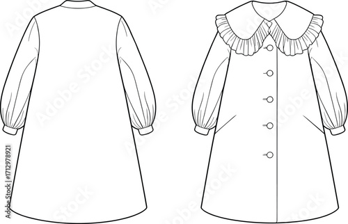 Technical flat fashion sketch of women’s coat with ruffle collar, voluminous sleeves, button closure, welt pockets, garment construction vector illustration