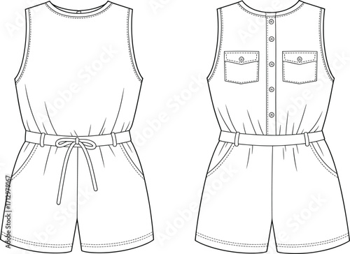 Technical fashion flat sketch of sleeveless romper with drawstring waist, button placket back, pockets, garment construction details vector illustration