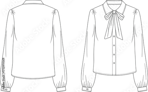 Technical fashion flat sketch of women’s long sleeve blouse front and back view with bow tie collar, button closure, garment construction details