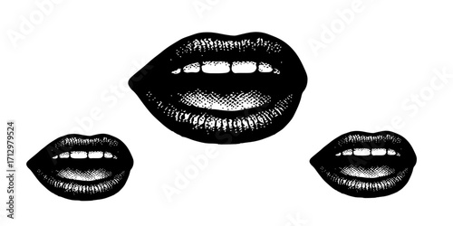 A vector illustration of a beautiful woman's face with a red lipstick smile showing her teeth