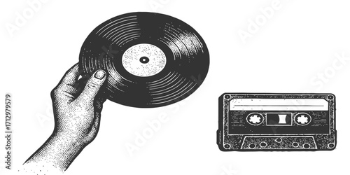 A nostalgic collection of vintage music technology, including a retro cassette and old vinyl records, evokes the golden age of analog sound