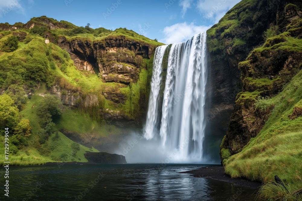 Fototapeta premium Water cascading over dark rocks in a lush green park during summer